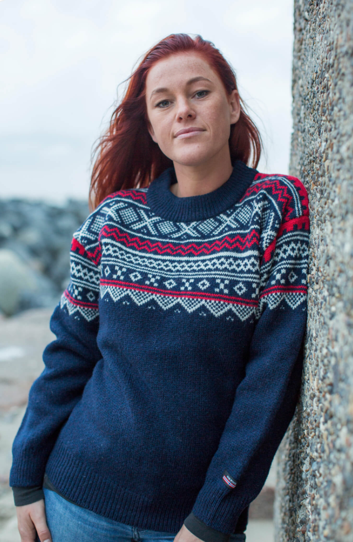 Marius Norwegian 100% Wool Jumper Crew Neck, Navy/Red