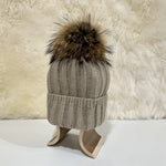 Andrea Wool Beanie with Racoon Pompom, Beige (10181504893215)