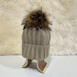 Andrea Wool Beanie with Racoon Pompom, Beige (10181504893215)