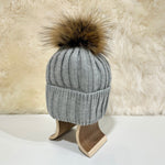 Andrea Wool Beanie with Racoon Pompom, Grey (6583986552897)