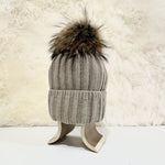 Andrea Wool Beanie with Racoon Pompom, Light Beige (10181504696607)