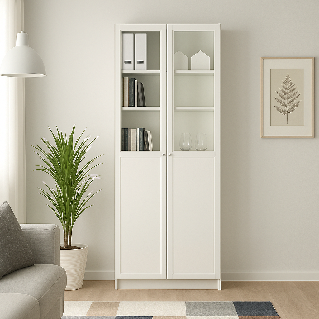 Ikea Billy Bookcase with Oxberg Half Glass Doors, 80x30x202cm, White (8129644265759)