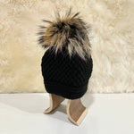 Daria Wool Beanie with Racoon Pompom, Black (6561540112449)