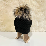 Daria Wool Beanie with Racoon Pompom, Black (6561540112449)