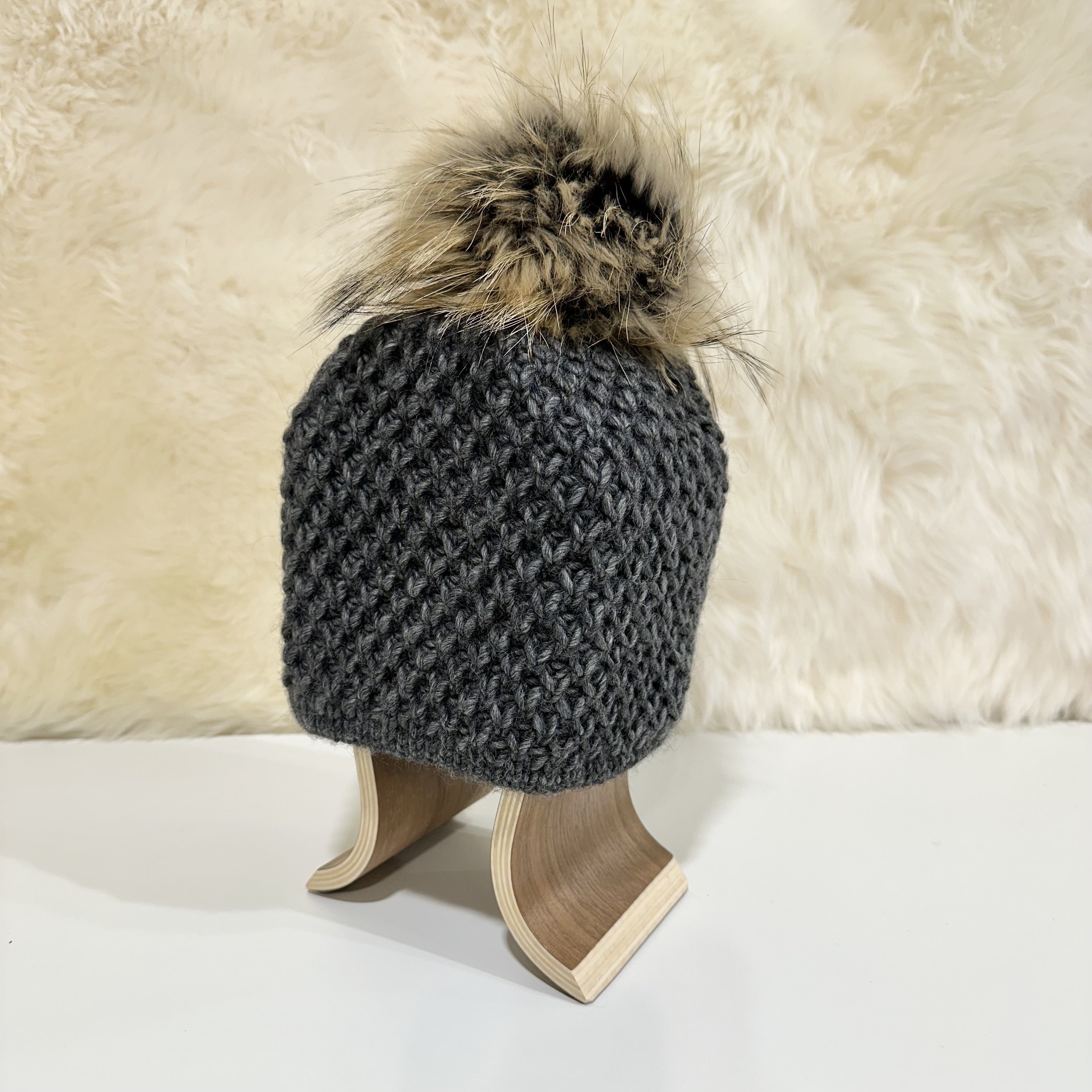 Ida Wool Beanie with Racoon Pompom, Dark Grey (10181563515167)