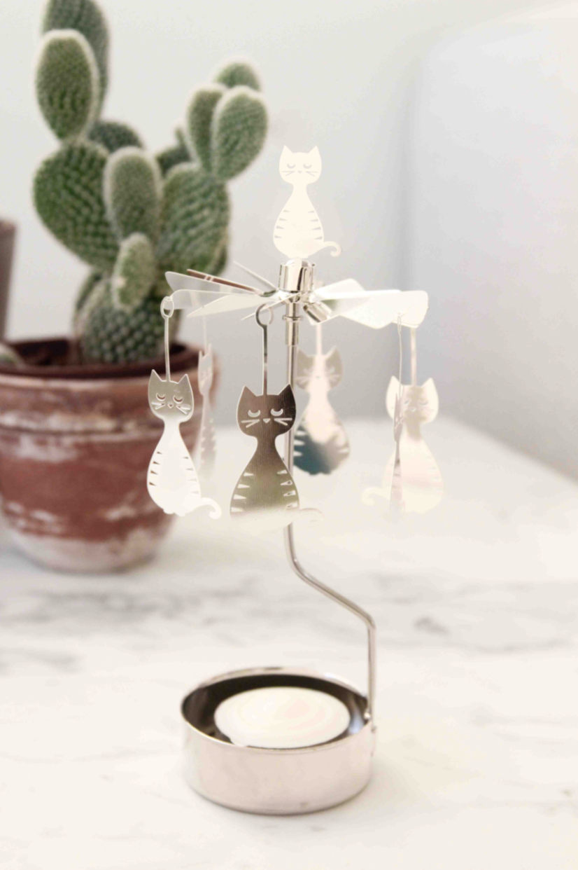 Cat Tea Light Carousel Chime, Silver (9430365700383)
