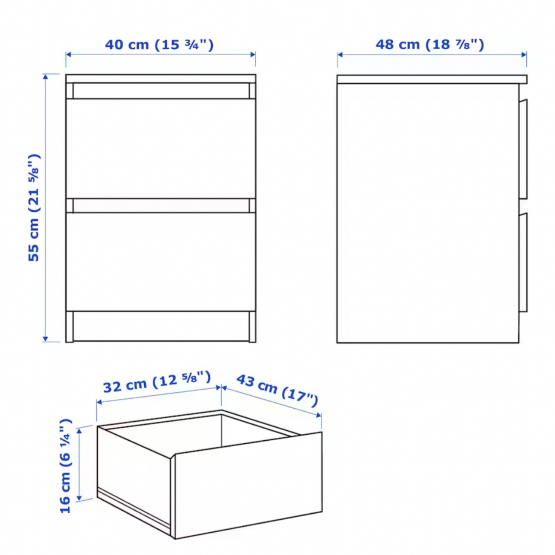 Ikea Malm 2-drawer Bedside Table, 40x48x55cm, White (3074909381)