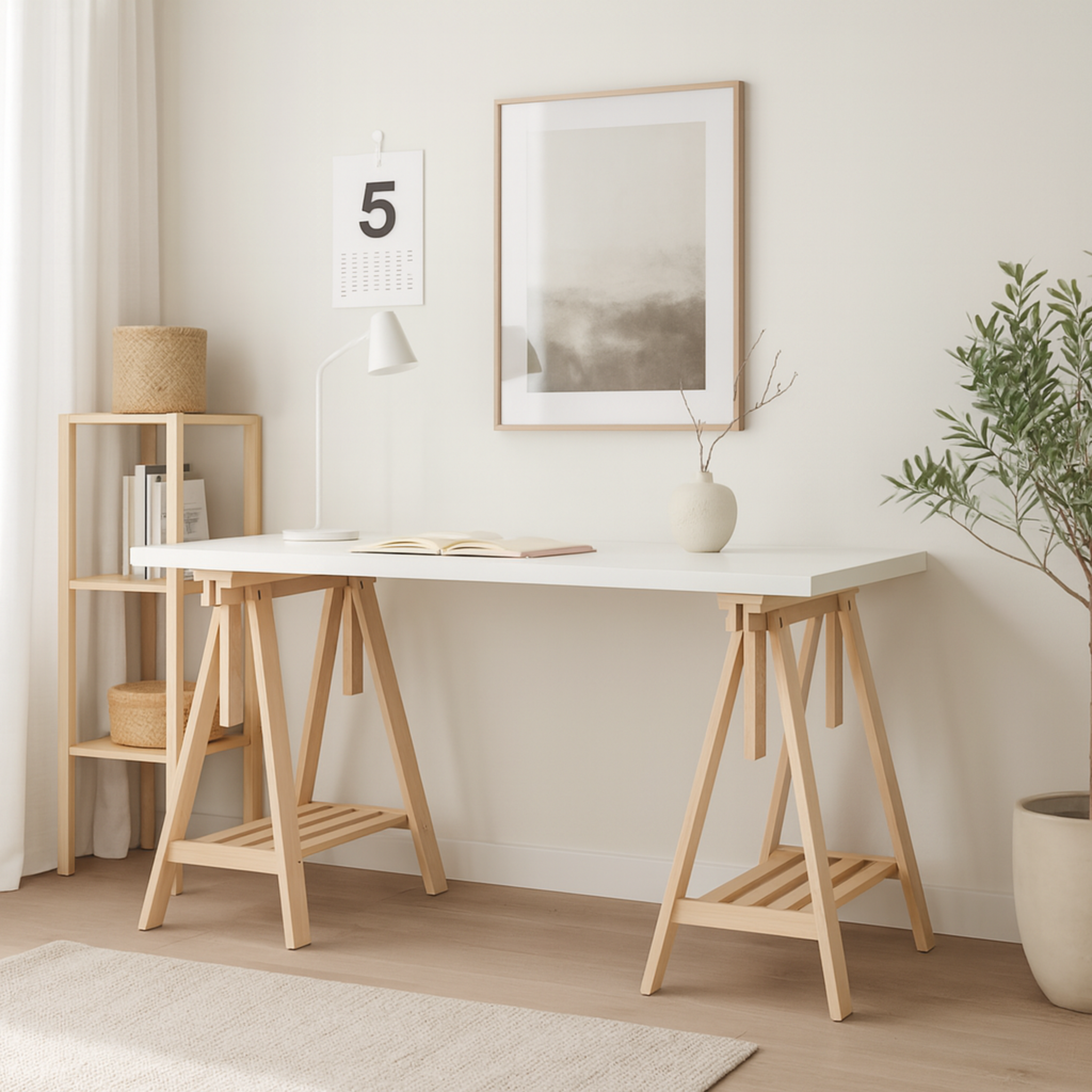 Ikea Lagkapten / Mittback Desk Combo, 140x60x73-96cm, White / Birch (8130975629599)