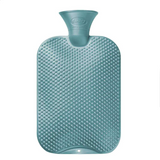 Teal hot water bottle with textured surface on a white background