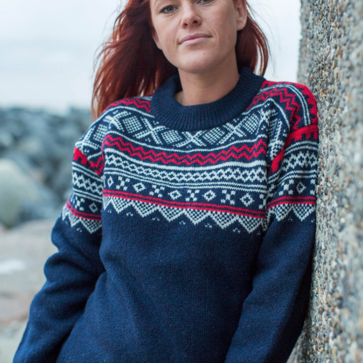 Marius Norwegian 100% Wool Jumper Crew Neck, Navy/Red (10173528146207)