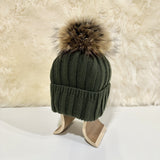 Andrea Wool Beanie with Racoon Pompom, Olive