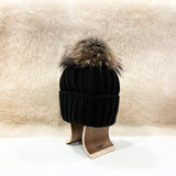 Andrea Wool Beanie with Racoon Pompom, Black