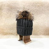 Andrea Wool Beanie with Racoon Pompom, Dark Grey