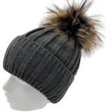 Andrea Wool Beanie with Racoon Pompom, Dark Grey