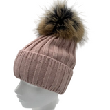 Andrea Wool Beanie with Racoon Pompom, Old Rose