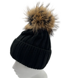 Andrea Wool Beanie with Racoon Pompom, Black