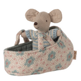 Maileg Carry Cot with Baby Mouse, Blue