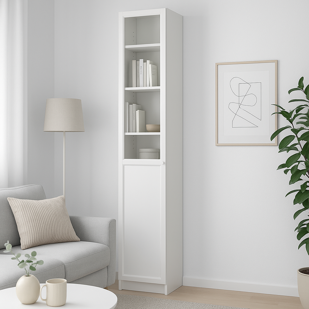 Ikea Billy Bookcase with Oxberg Half Glass Door, 40x30x202cm, White (8129595015455)