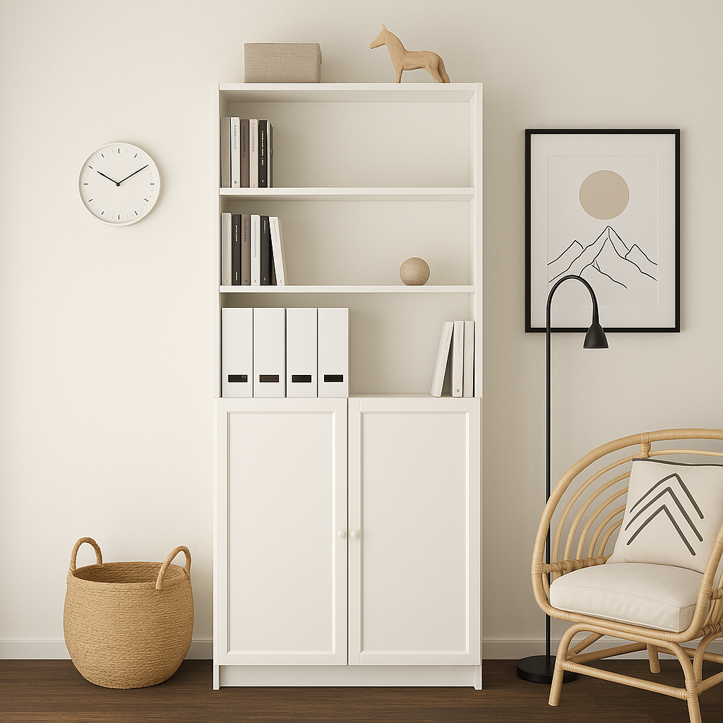 Ikea Billy Bookcase with Oxberg Solid Doors, 80x30x202cm, White (10088175010079)