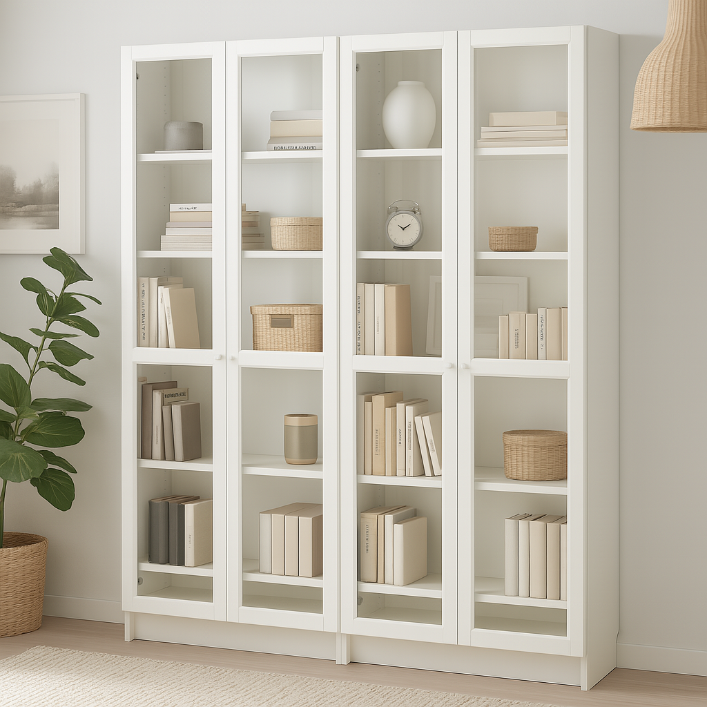 Ikea Billy Bookcase with Oxberg Glass Doors, 160x30x202cm, White (8129656422687)