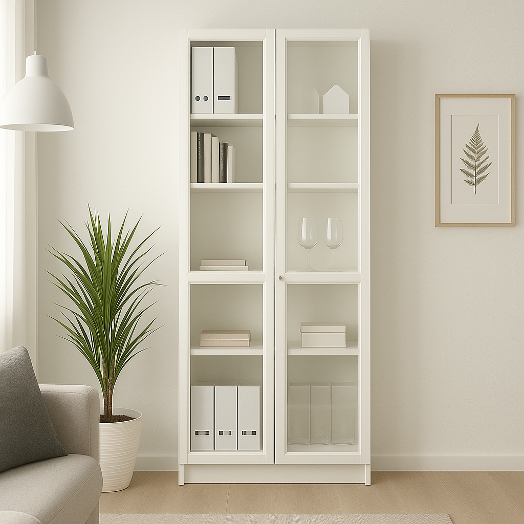 Ikea Billy Bookcase with Oxberg Glass Doors, 80x30x202cm, White (8129643381023)