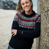 Marius Norwegian 100% Wool Jumper Crew Neck, Navy/Red