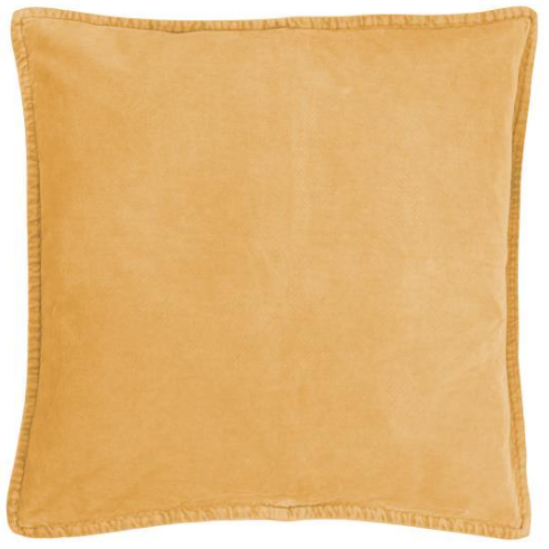 A product catalog page showing a custom cushion cover in a mustard yellow suede-like material, with color swatches and product details on a white webpage layout.