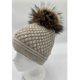 Daria Wool Beanie with Racoon Pompom, Beige