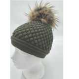 Daria Wool Beanie with Racoon Pompom, Olive