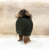 Daria Wool Beanie with Racoon Pompom, Olive