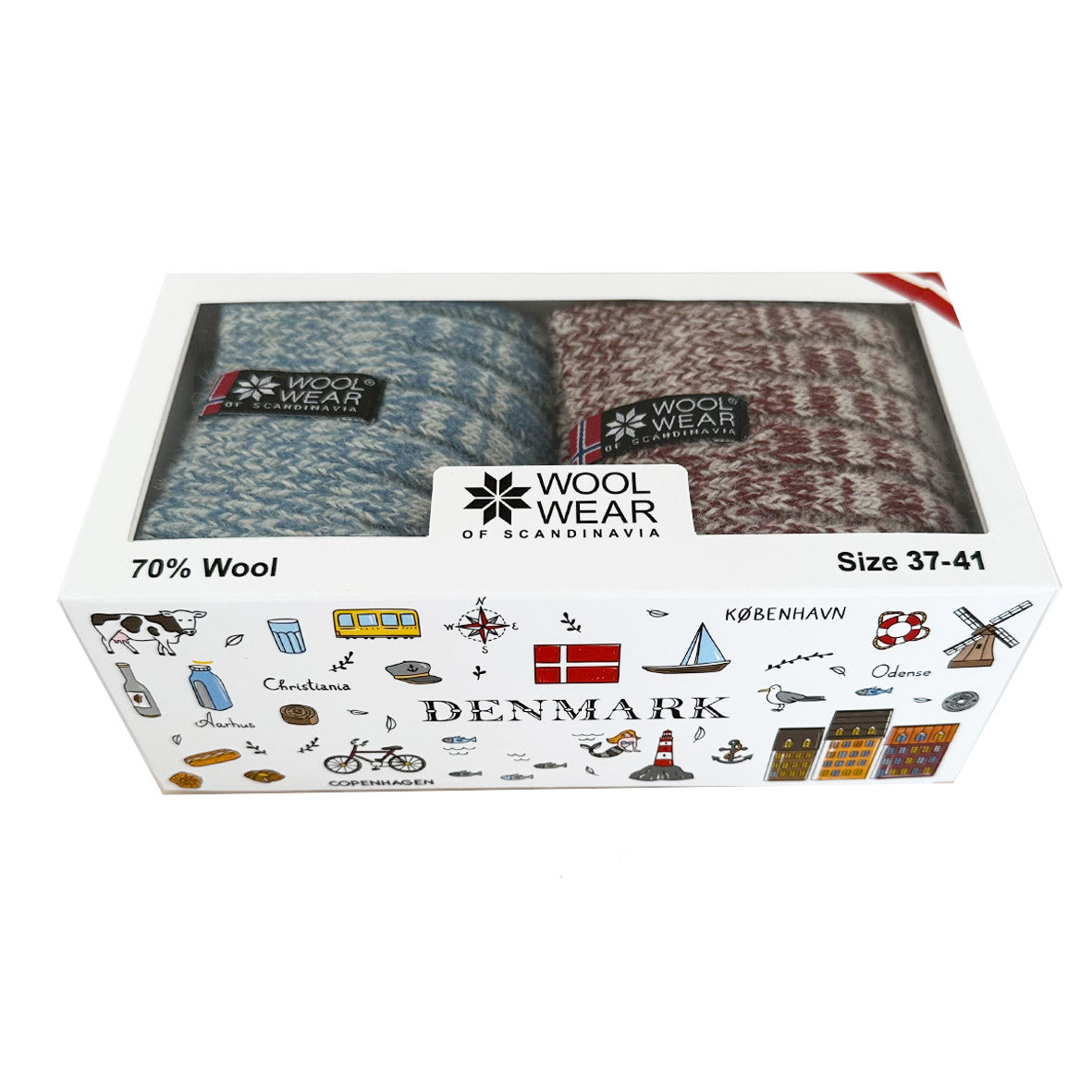 Womens Denmark Wool Socks 2-Pack Gift Box, Light Blue-Burgundy (8326026527007)