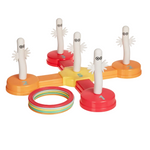 Colorful toy with white cylindrical figures and a ring on a white background