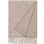 Beige woven blanket with white fringe on a plain background
