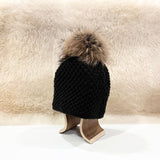 Ida Wool Beanie with Racoon Pompom, Black