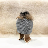 Ida Wool Beanie with Racoon Pompom, Light Grey