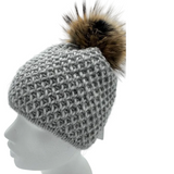 Ida Wool Beanie with Racoon Pompom, Light Grey