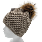 Ida Wool Beanie with Racoon Pompom, Dark Beige