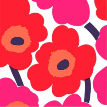 Colorful floral pattern with red flowers and pink leaves on a white background