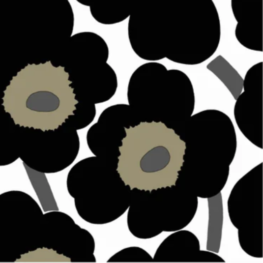 Black flowers with beige centers on a white background