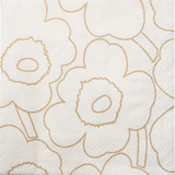 White fabric with gold floral pattern on a white background