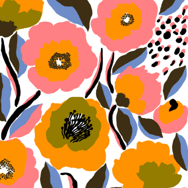 Colorful floral pattern with pink, orange, and green flowers on a white background