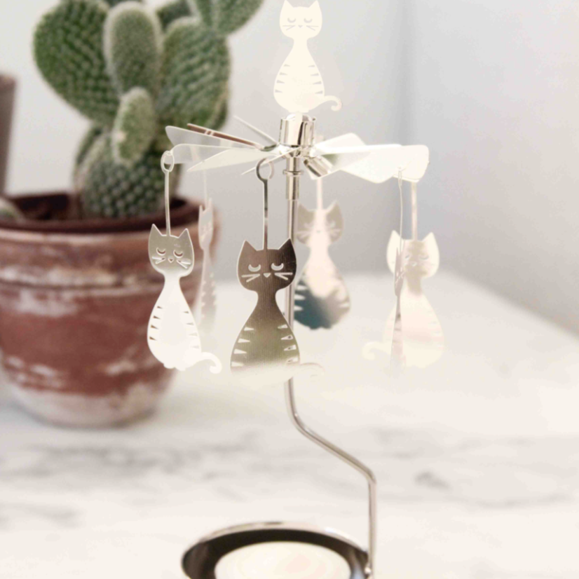 Cat Tea Light Carousel Chime, Silver (9430365700383)