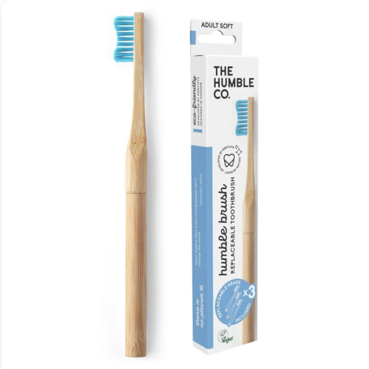 Bamboo Toothbrush with Interchangeable Head + 2x Head, Adult Blue Soft ...
