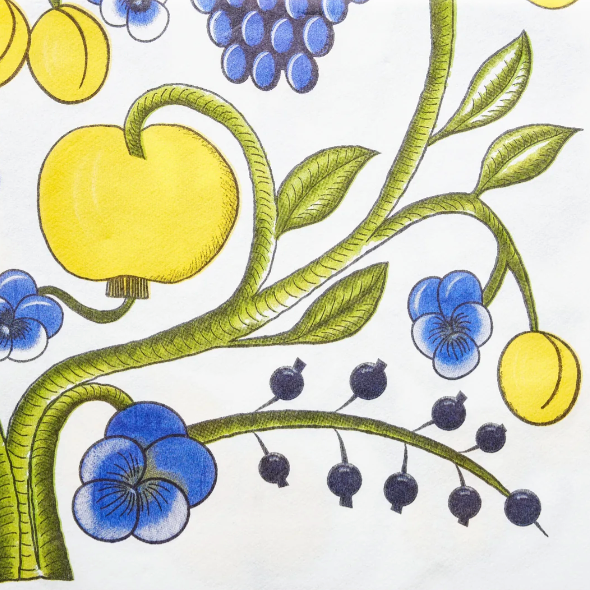 Decorative illustration of yellow fruits, blue flowers, and green leaves on a white background