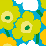 Colorful floral pattern with green and yellow flowers on a blue background