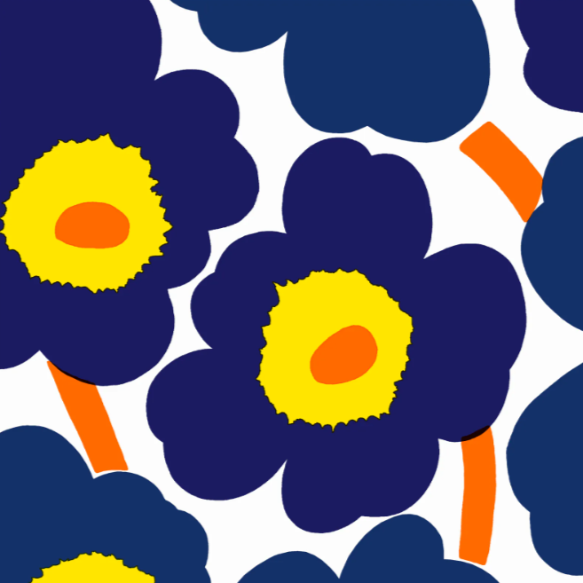 Pattern of blue flowers with yellow centers and orange stems on a white background