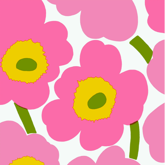 Pattern of pink flowers with yellow centers on a white background