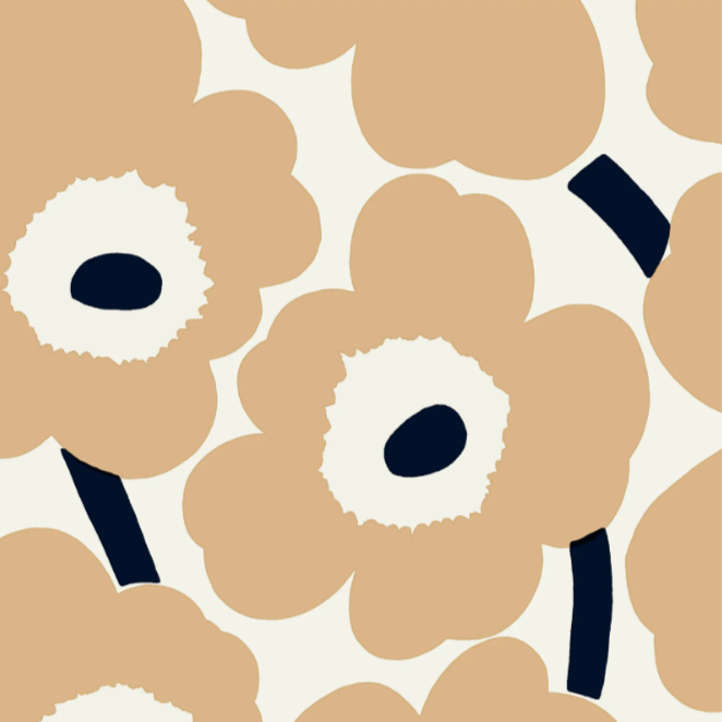 Pattern of beige flowers with white centers and black details on a beige background