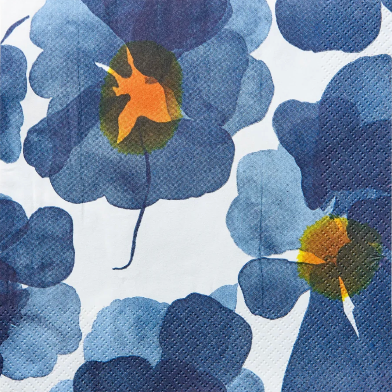 Napkin with blue floral design on a white background