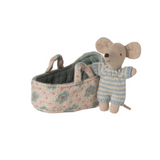 Maileg Carry Cot with Baby Mouse, Blue